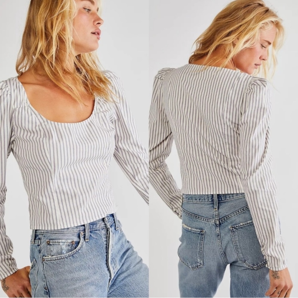 NWT Free People Caroline Stripe Puff Sleeve Cropped Blouse – Size M